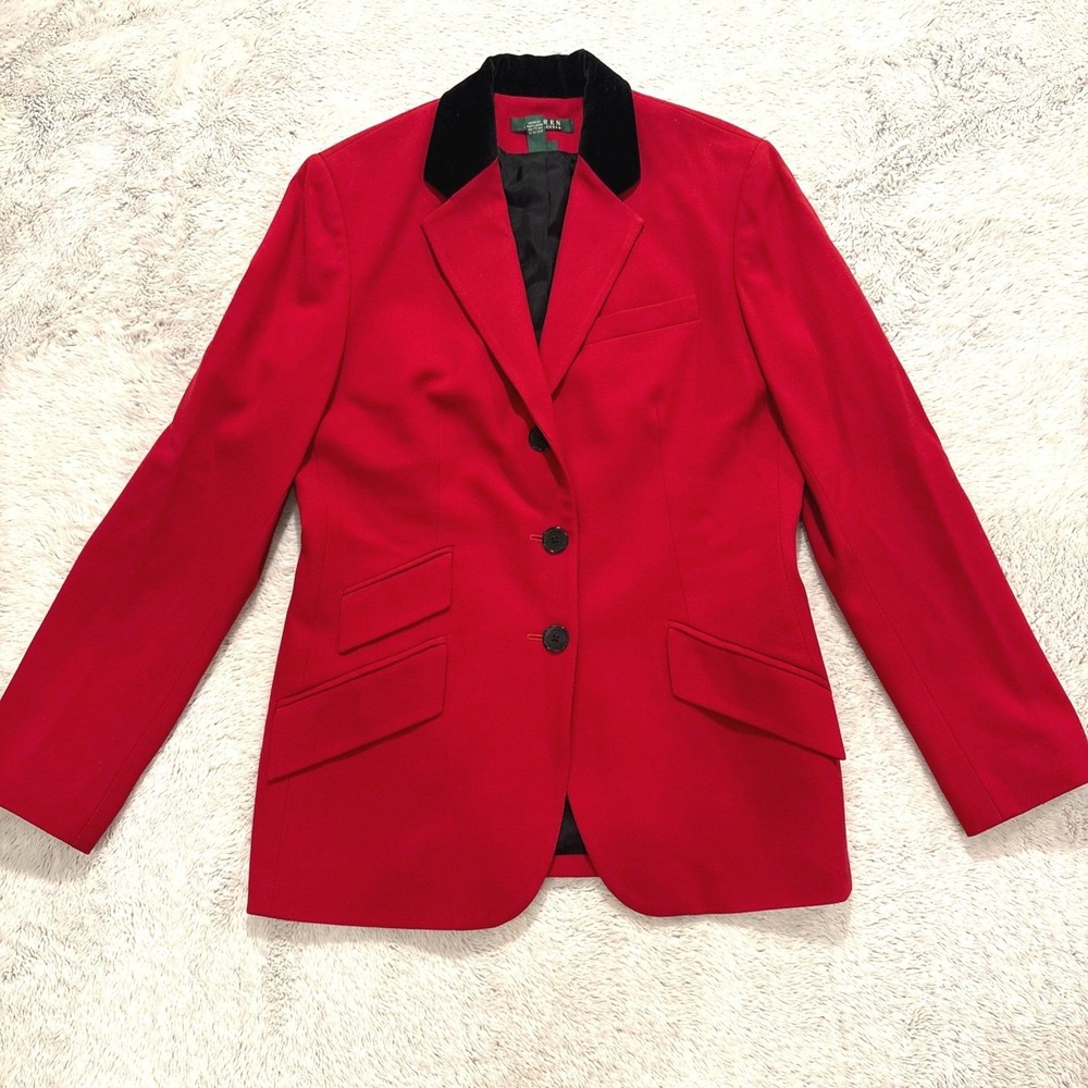 VTG Ralph Lauren Christmas Blazer Women 8 Red Wool‎ Velvet Old Money Prep FLAWS